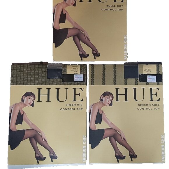 3 Packages of HUE Sheer Rib, Tulle Top & Sheer Cable Control Top Size 2 Black - Picture 1 of 2